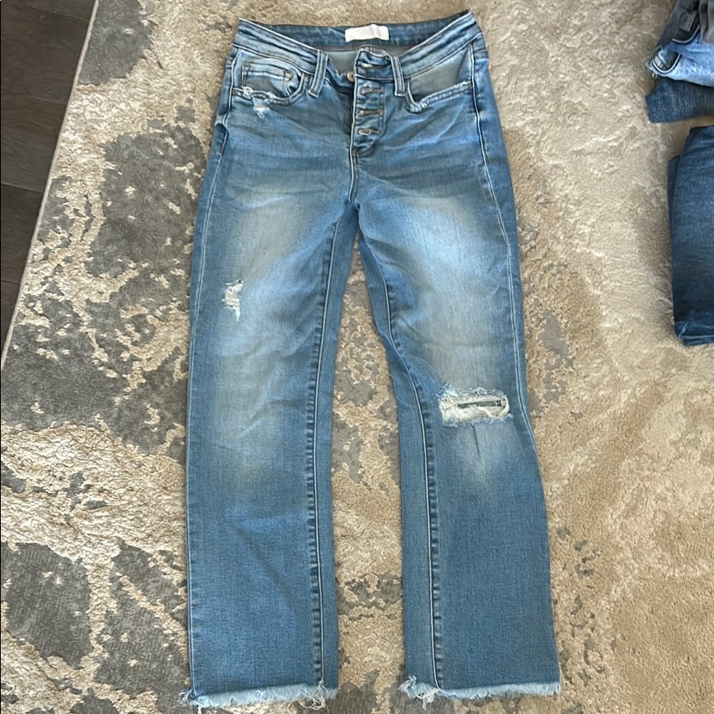 VERVET BY FLYING MONKEY Blue Straight Leg Jeans with Distressed Details